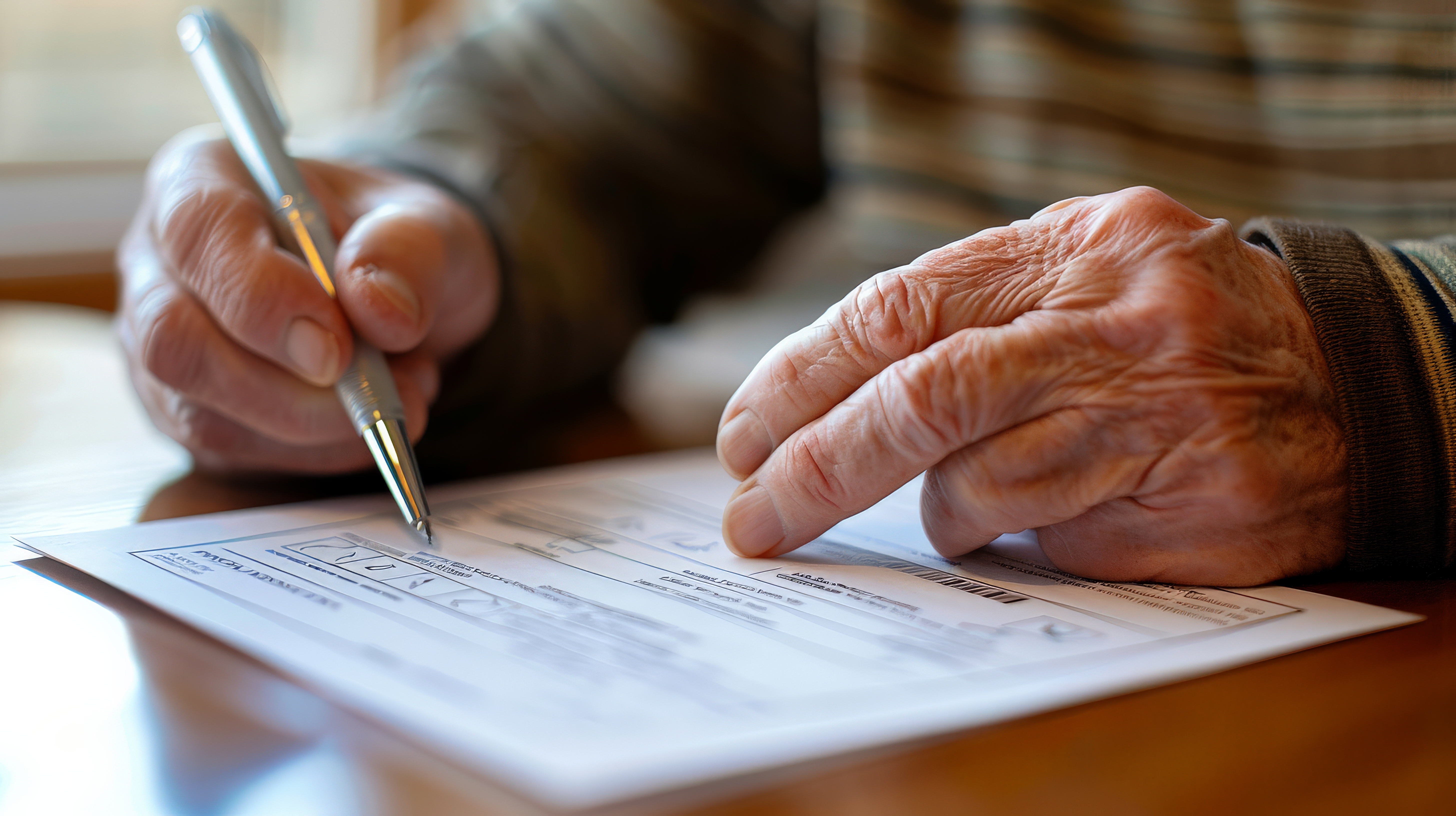 Person filling out a mail-in ballot at home, pen in hand and focused expression